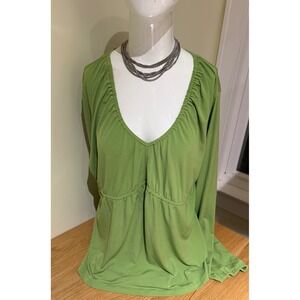 Worthington Stretch Lime Green Long Sleeve V Neck Gathered Peasant Blouse Top XL